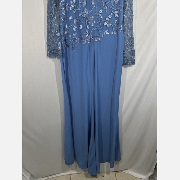NWD $468 Tadashi Shoji‎ [ 14 ] Sequin Lace Long Sleeve Crepe Gown Cadet Blue - Picture 12 of 16
